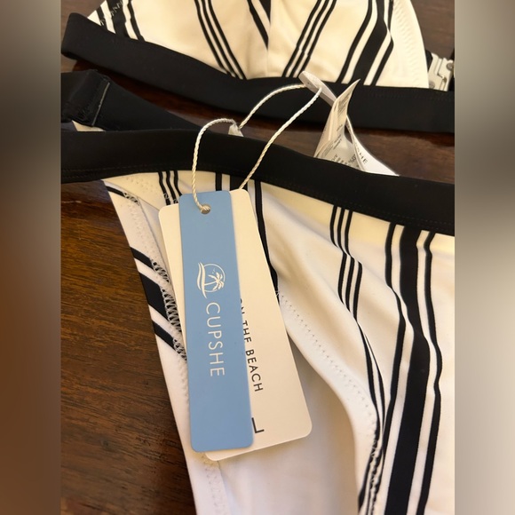 Swimsuit and Coverup Set Cupshe Large Black and White Striped Bikini NWT - Picture 2 of 6